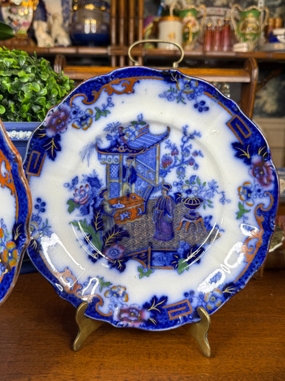 Pair of F. & R. Pratt & Co. Chinoiserie Plates | Cobalt Blue, Orange & Polychrome | Staffordshire, England | c.1840–1860 | 8.5” D Each | #DA4599