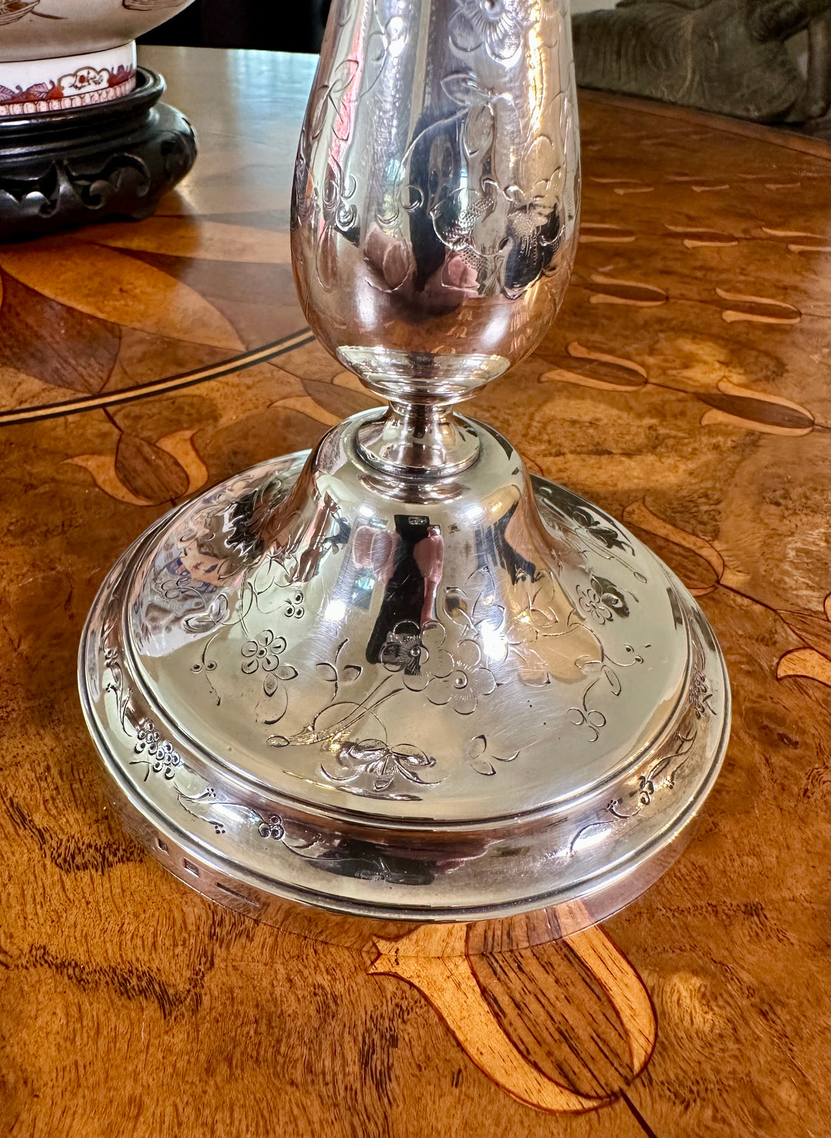 Antique French Christofle Silver-Plated Candlestick | Floral Engraving & Removable Bobeche