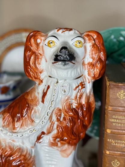 Antique Staffordshire Spaniel Dogs | Red & White Mantel Pair | 10” Tall