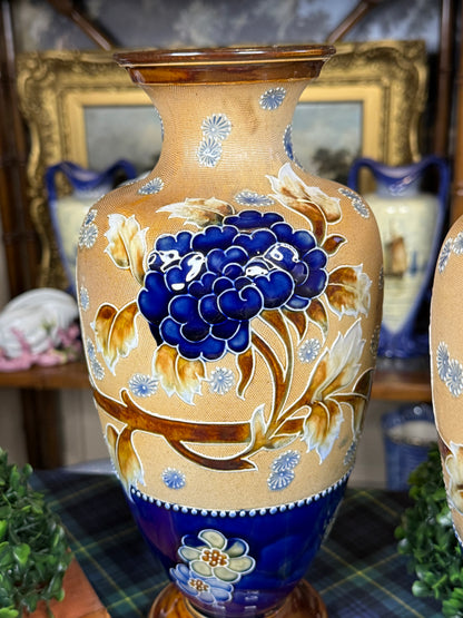 RESERVED - GRANDDIVA - Pair of Antique Royal Doulton Slater’s Patent Stoneware Floral Vases | Cobalt Blue & Ochre | c. 1905–1910