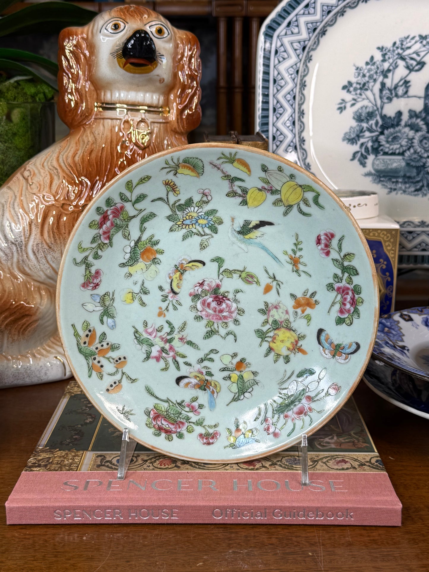 Antique Chinese Canton Celadon Famille Rose Bird & Butterfly Plate | Qing Dynasty, 19th Century | 8.75”
