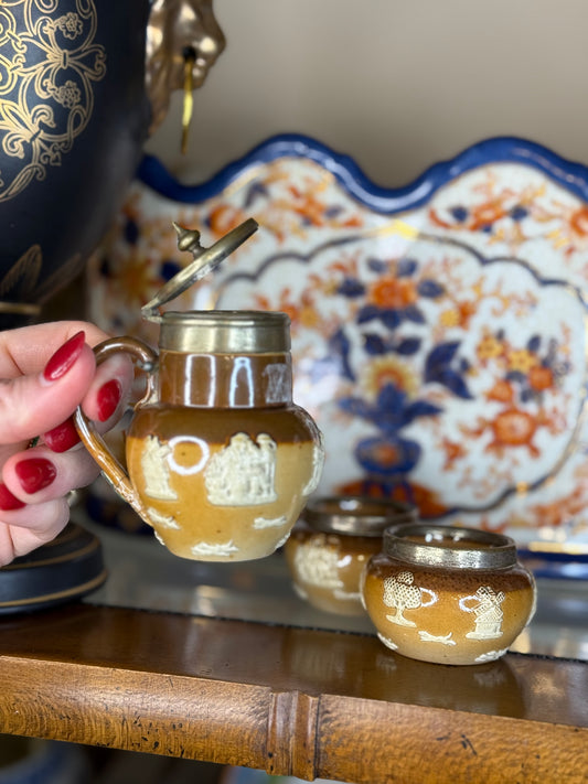 Antique Doulton Lambeth Stoneware Condiment Set – Mustard Pot and Salts, c.1890, Stapled