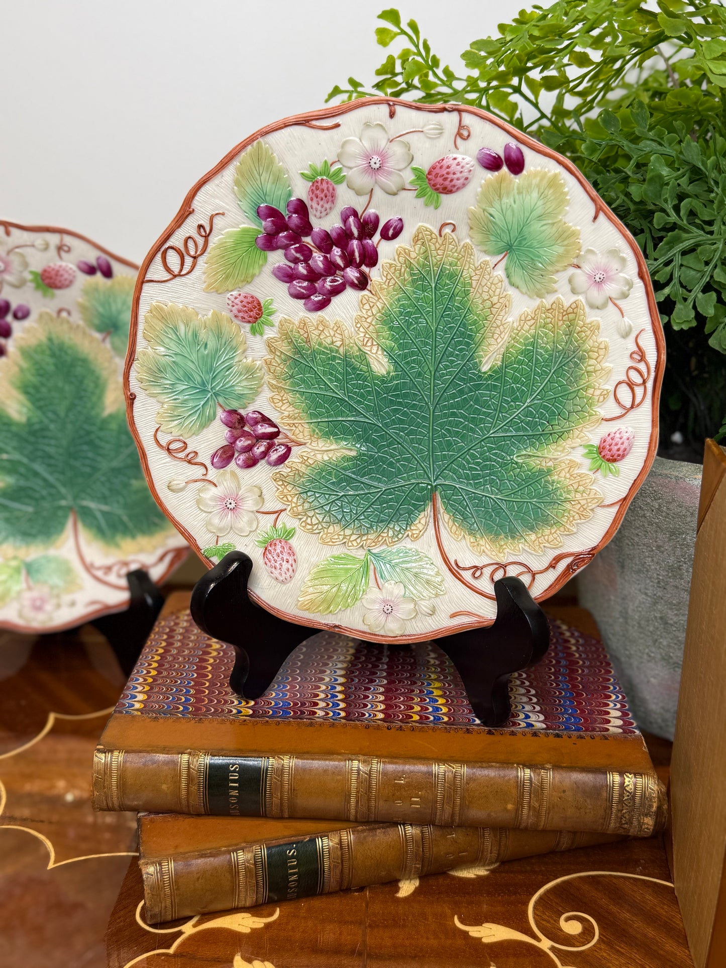 Pair of Antique Victorian Majolica-Style Botanical Plates | 8.5" Diameter