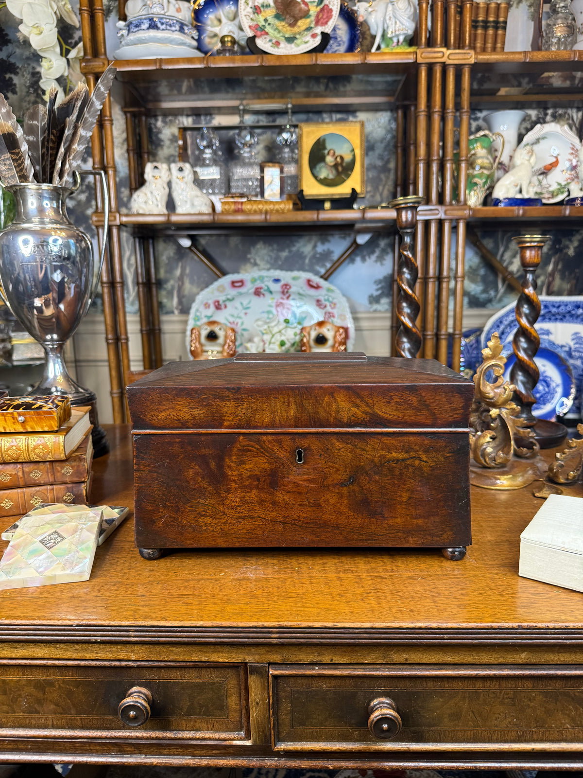 Antique Victorian Mahogany Smoking Compendium with Cut Crystal Tobacco Jar & Fitted Interior, c. 1890–1910 – 12”W