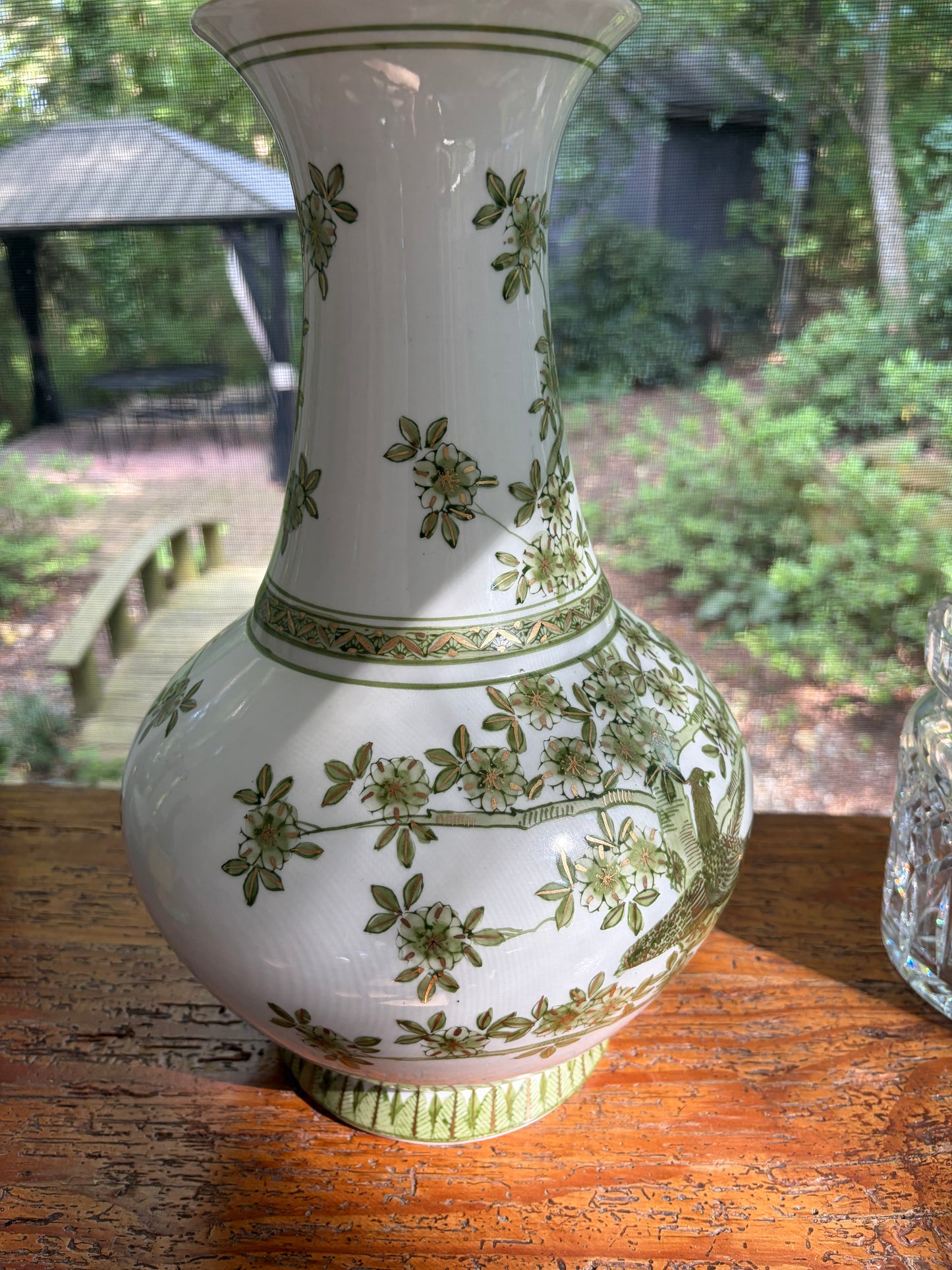 Stunning green, gold, and white vase featuring birds!