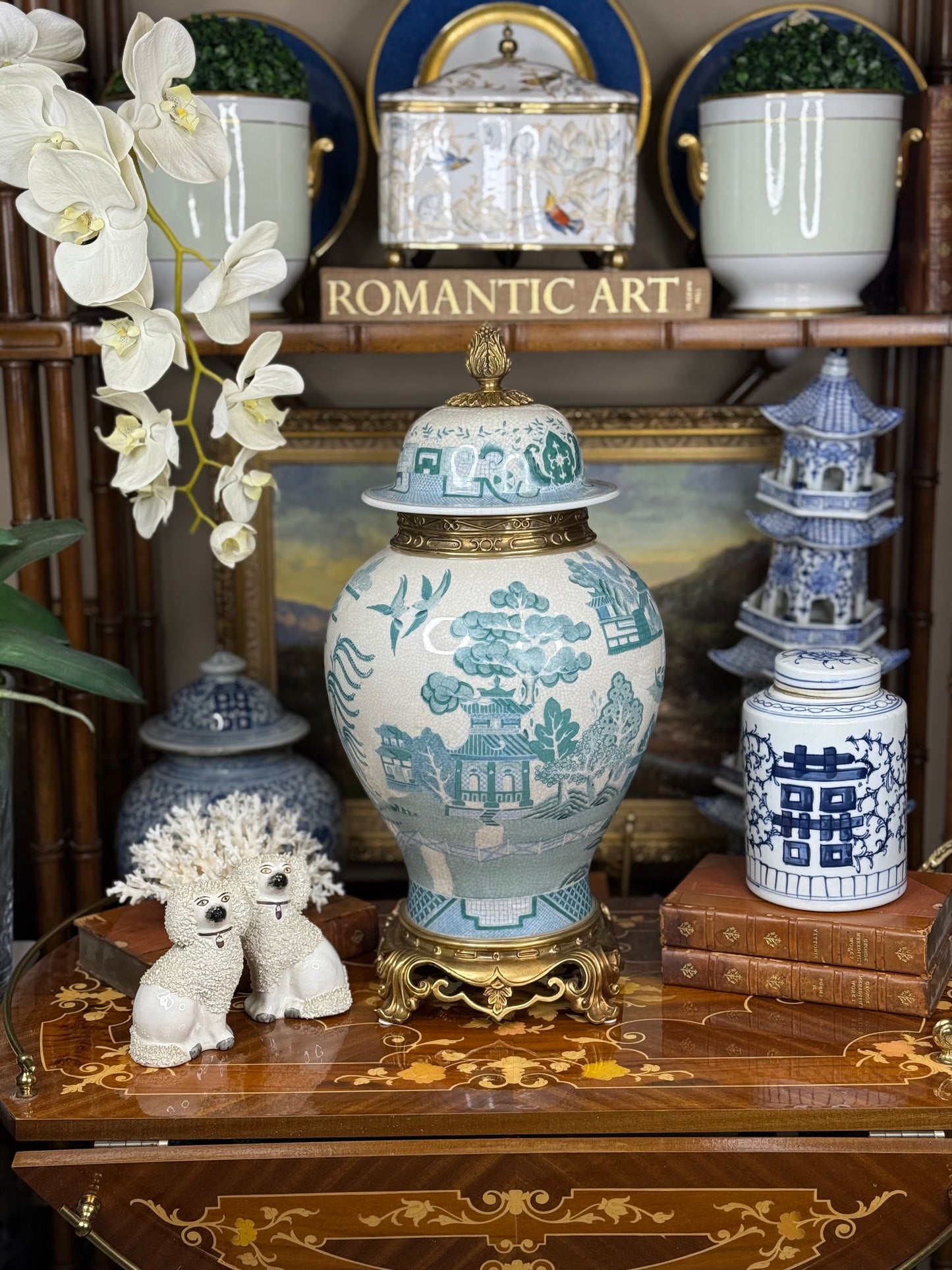 Danny's Fine Porcelain: Turquoise Willow Pattern Bronze Ormolu Temple Jar: 19”Tall,10Lx10W