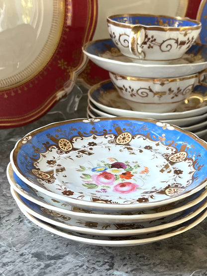 Stunning Antique English 21-Piece Porcelain Tea Service | French Blue, Hand-Painted Florals & Gilt - Attributed to Coalport