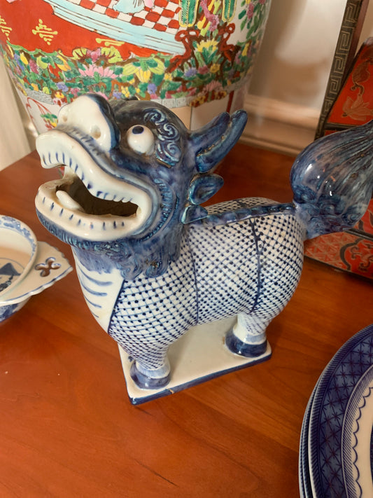 Blue and White Chinoiserie Foo Dog