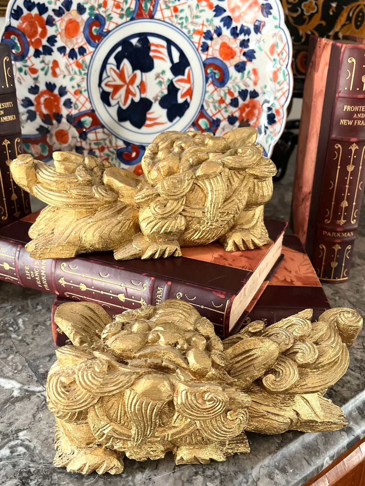 Live 09/15 Fabulous Antique Pair Of Hand Carved Wood Gilded Shishi Lions