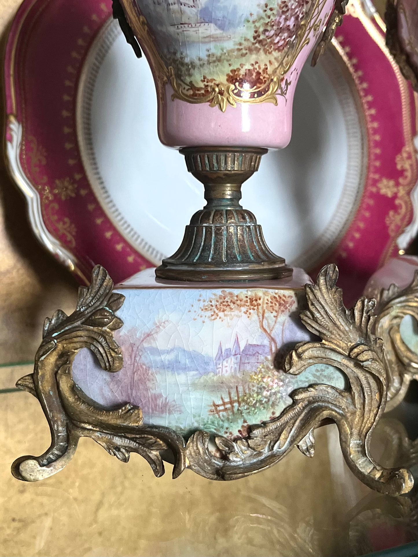Antique French Sevres Style Porcelain & Bronze Ormolu Garniture Urns – Hand Painted Landscapes