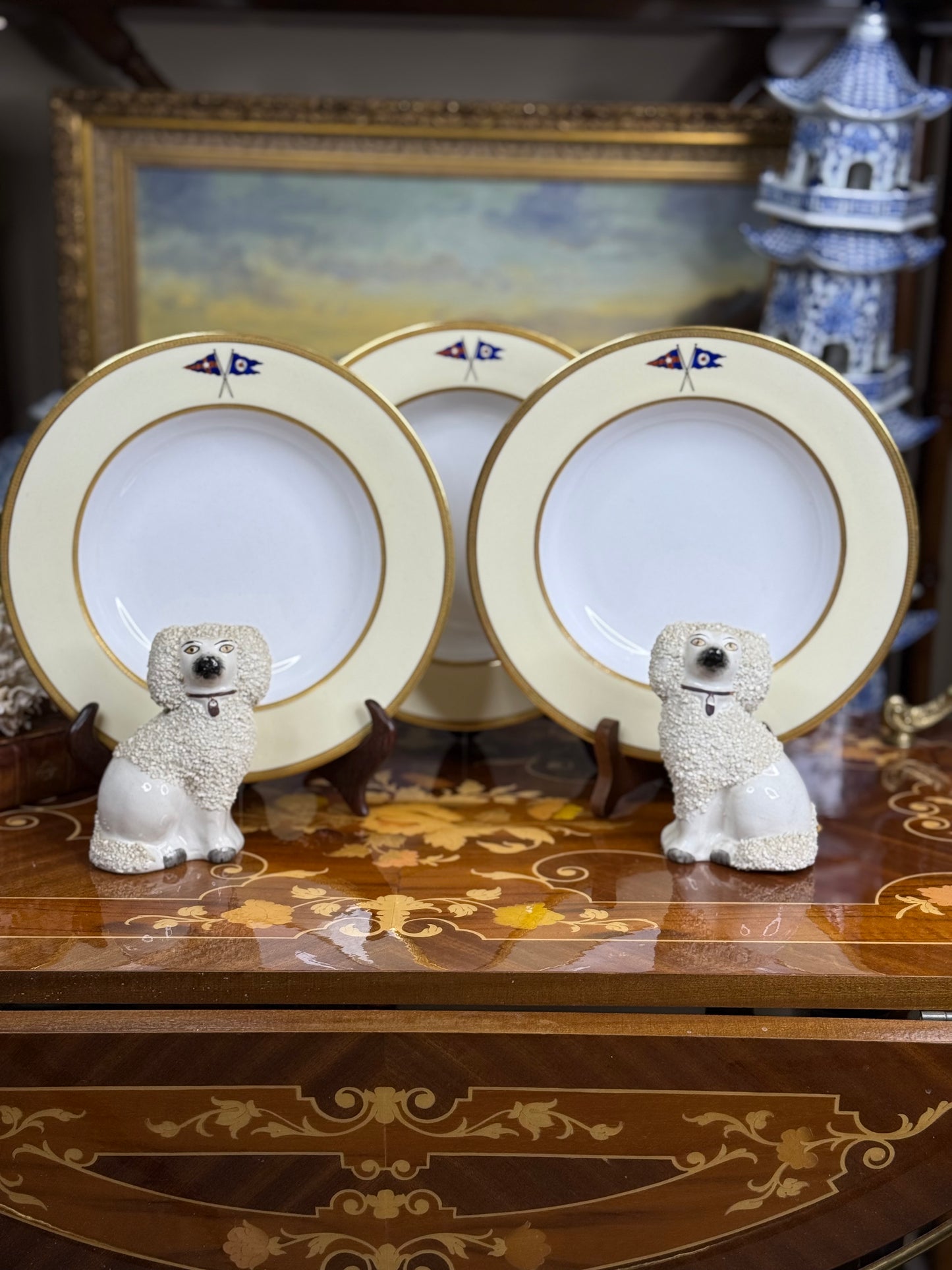 RARE Set (3) Wide-Rim Bowls, Antique Spode Copeland (custom order, 1927) Private yacht burgee service china - New York Yacht Club - PRISTINE!
