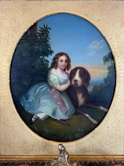 Antique c.1850 Oil on Tin After Franz Xaver Winterhalter | Mlle Virginie de Sainte-Aldegonde with Mastiff | Original Gilt Wood Frame | 8” × 7”