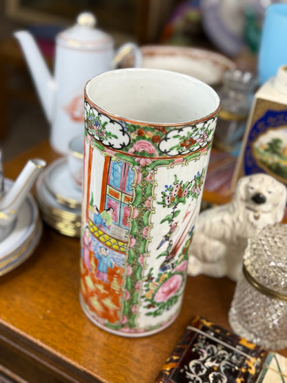 Antique 1920’s Chinese Rose Medallion Famille Rose Cylindrical Vase / Brush Pot | 9.75” Tall
