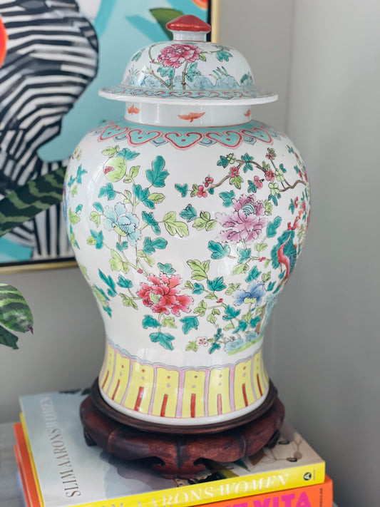 Vintage Floral Chinoiserie 19” Temple Jar with Carved Wood Stand - Pristine!