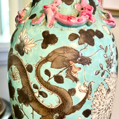 RARE Antique 19th century turquoise Dancing Dragon  porcelain chinoiserie lamp.