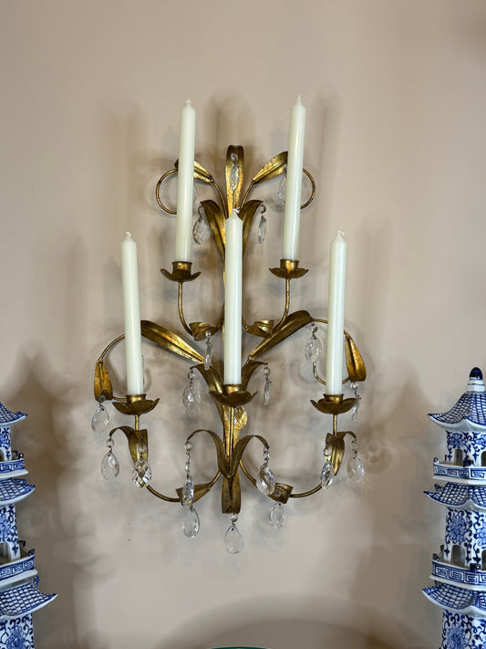 Vintage Italian Gilt Wheat Sheaf Wall Candelabra | Five-Light Crystal Sconce | 20.5” Tall