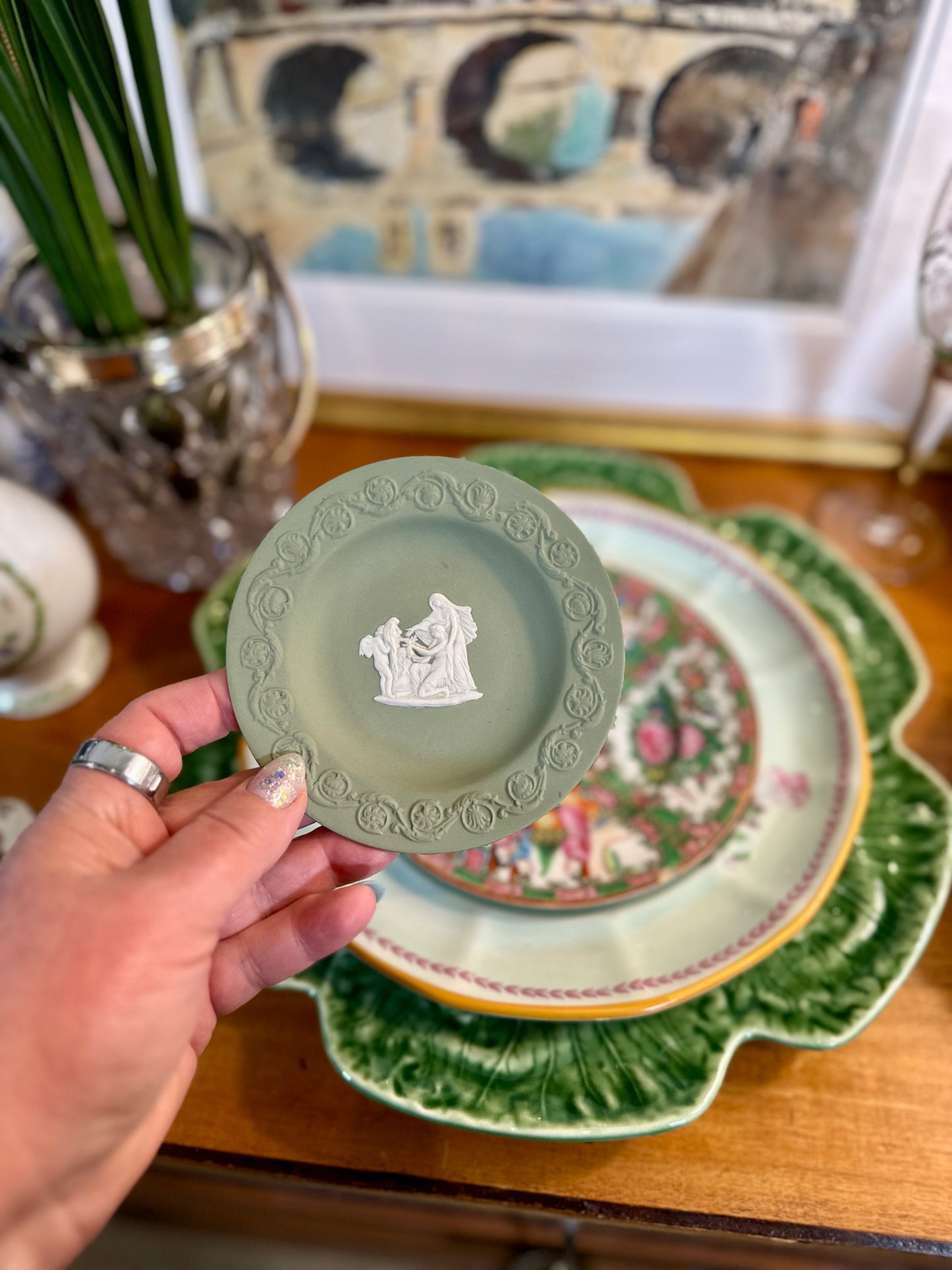 WEDGWOOD Sage Green Jasperware “Patrician” Round Tray / Sweet Dish, 4.5”