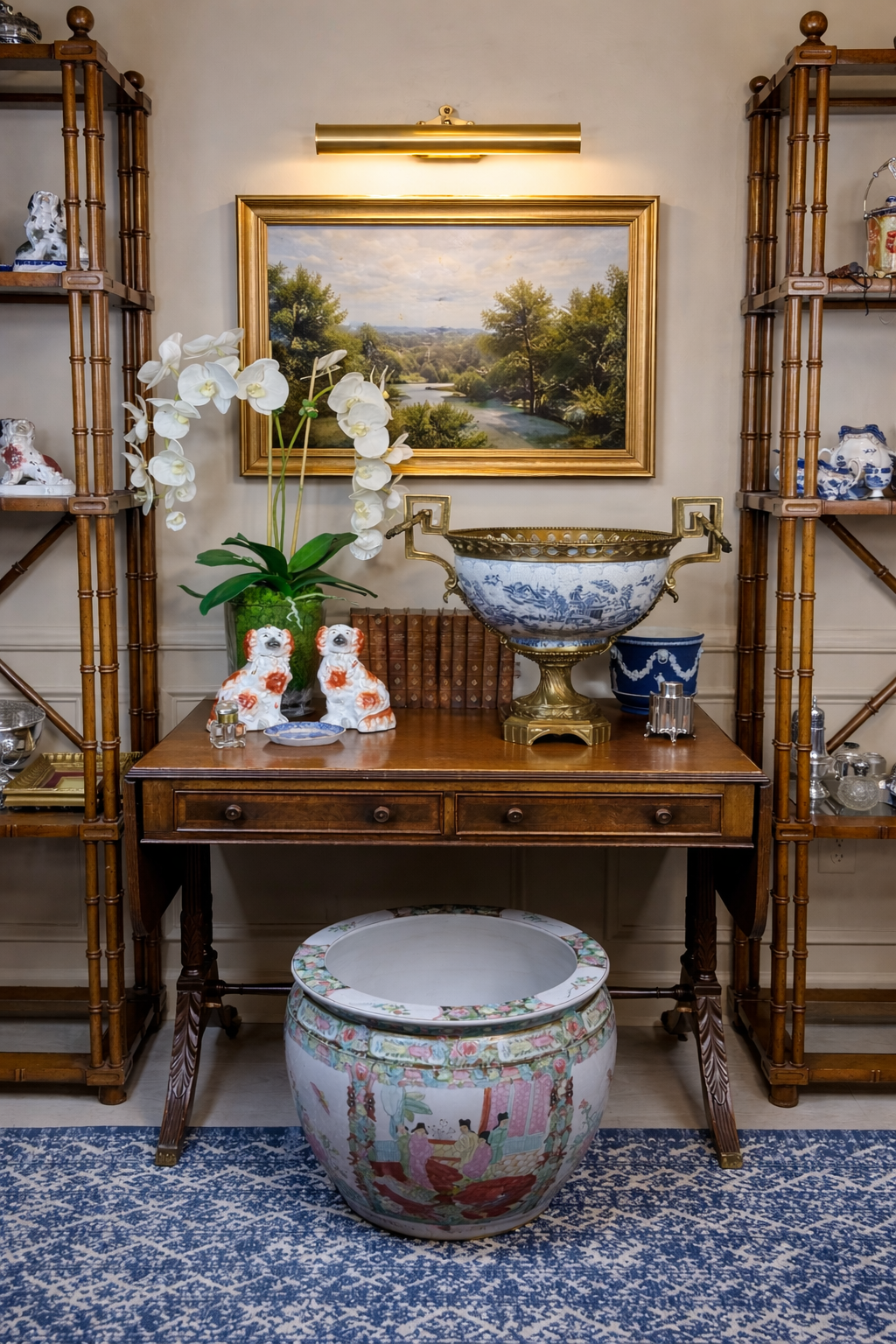 Danny's Fine Porcelain - X-Large Blue & White Basin W/ Bronze Ormolu, 23Lx16Wx17H