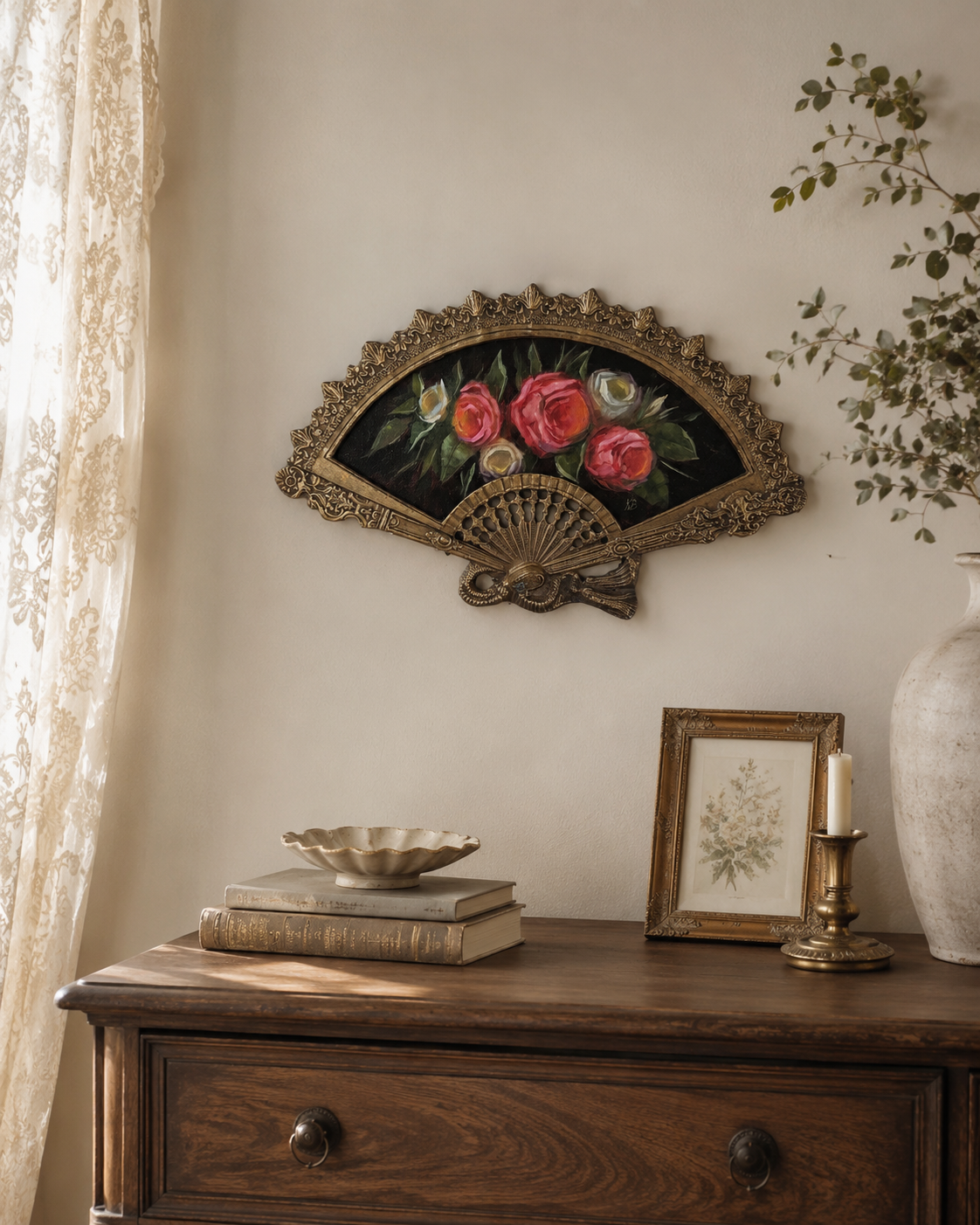 Reserved Solo Live Bouquet of roses still life original oil painting in brass fan frame