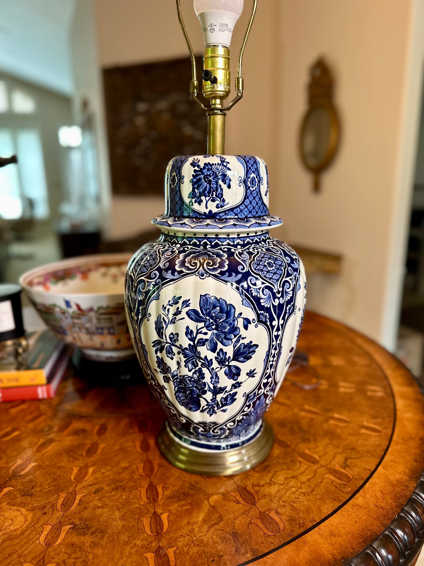 Large Blue & White Delft Style Ginger Jar Lamp — Newly Rewired, Circa Mid 20th Century