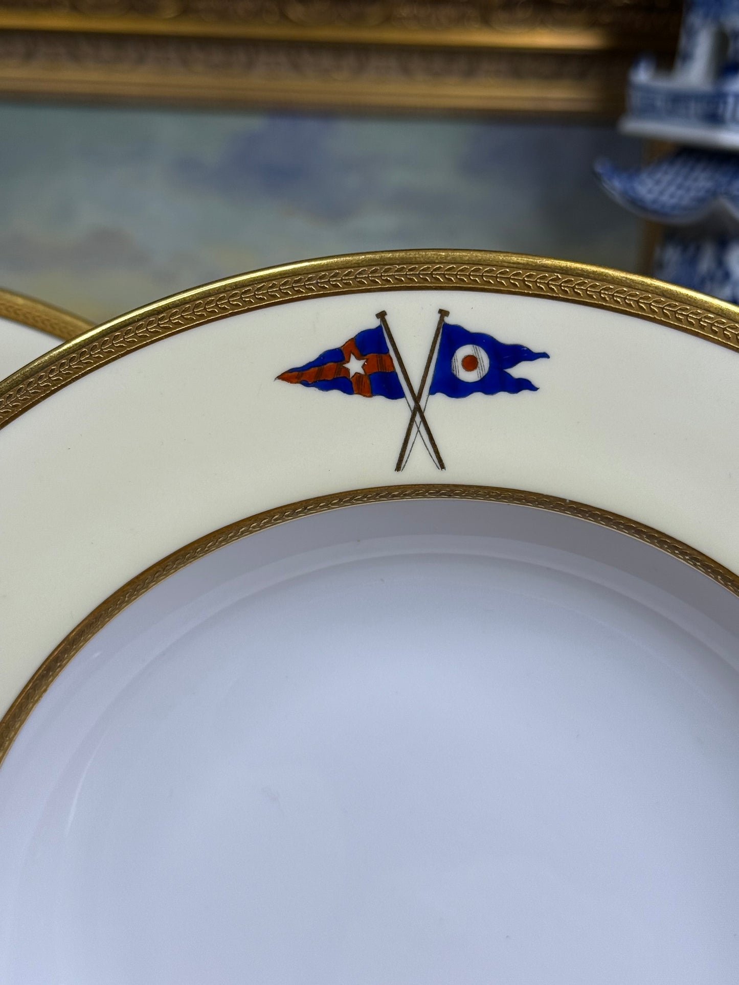 RARE Set (3) Wide-Rim Bowls, Antique Spode Copeland (custom order, 1927) Private yacht burgee service china - New York Yacht Club - PRISTINE!