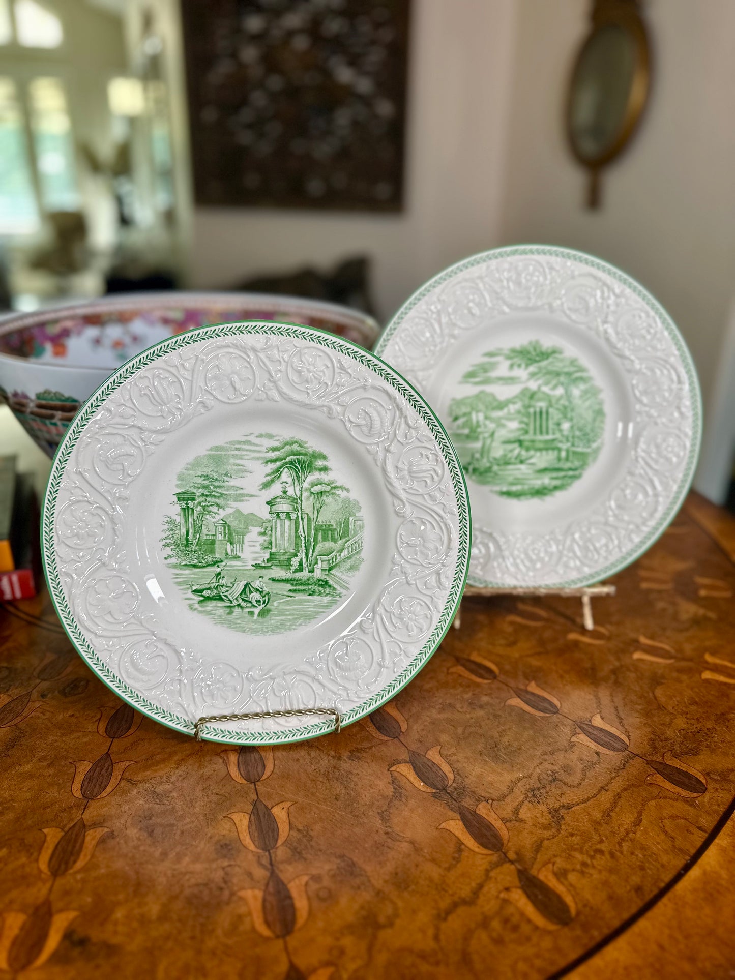 Vintage Wedgwood Torbay Green Transferware Patrician Dinner Plates, Pair | c. 1927-1930’s
