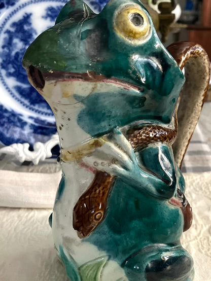 Older HTF Textured English Victorian Majolica Frog & Snake Pitcher, circa 1870 Repairs - Priced accordingly