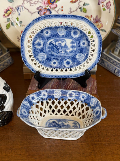 Antique Pearlware Blue & White Pierced Basket and Stand | c.1820 | Style DA4390