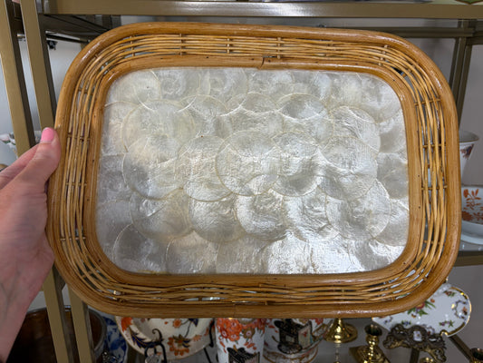 RESERVED - KIMCLOUD - Lovely capiz shell and rattan serving tray!