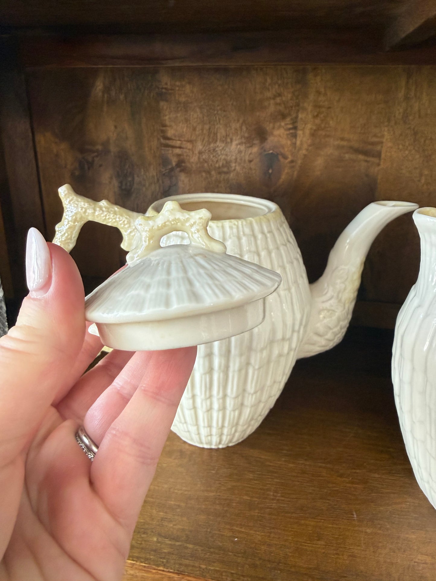 Reserved Nicole - Vintage Irish Belleek 4 Cup Lidded Coffee Pot with Coral Design Handle (1965-1980)