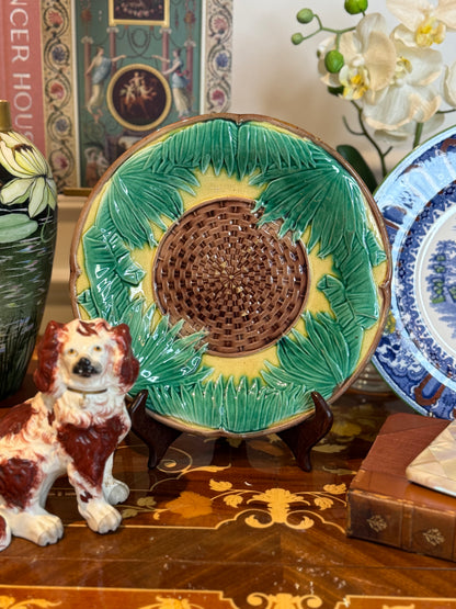 Antique French Majolica Sunflower Basketweave Plate 9.25” c.1880–1900