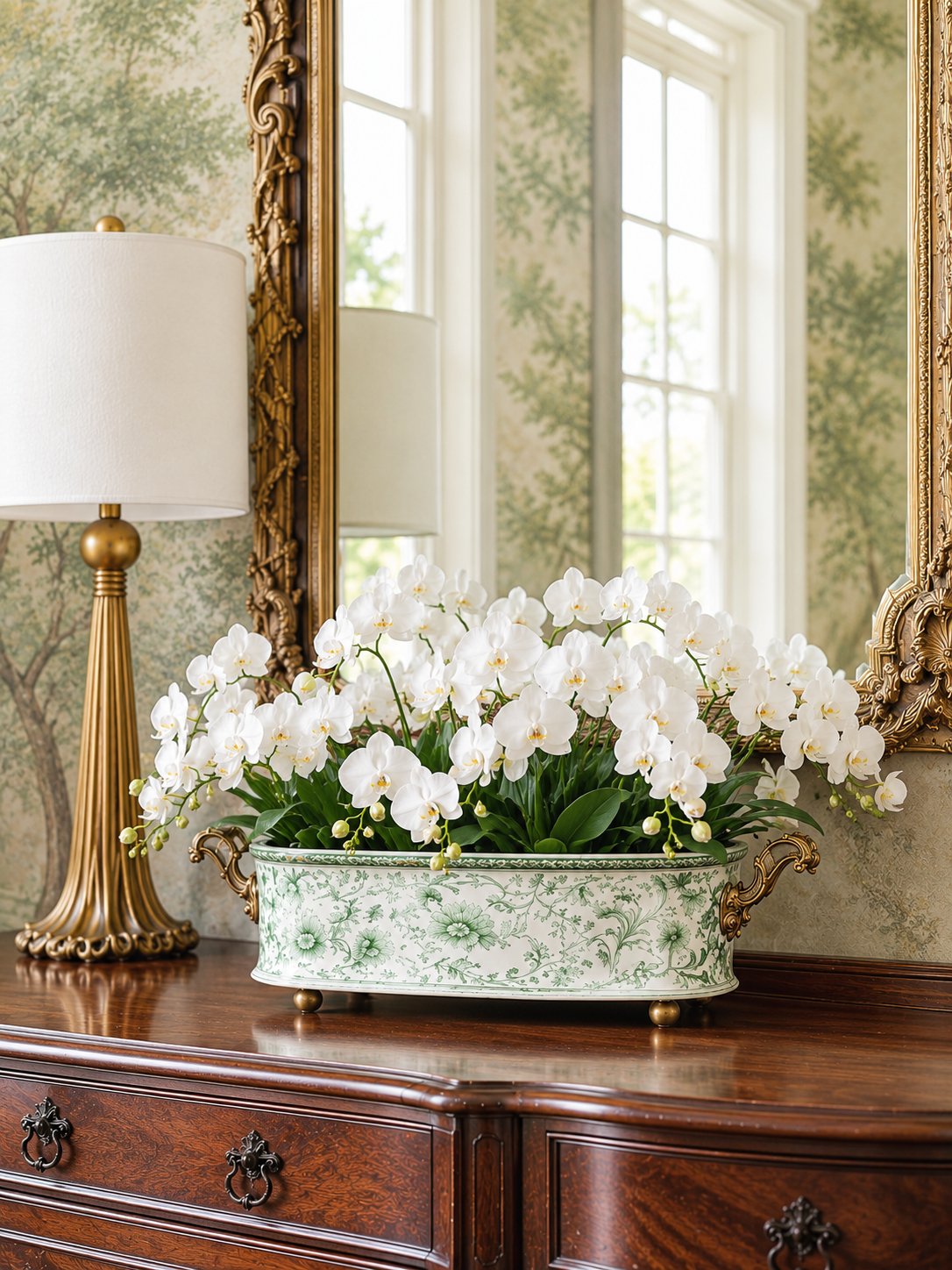 Danny's Fine Porcelain -  Green & White Porcelain "Prim rose" Basin, Bronze Detailing, 22x11" #14315