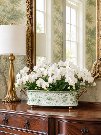 Danny's Fine Porcelain -  Green & White Porcelain "Prim rose" Basin, Bronze Detailing, 22x11" #14315