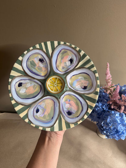Hand painted lemon center with stripes oyster plate 9”