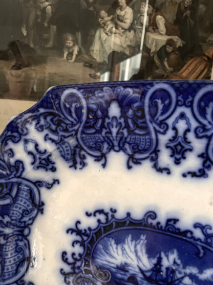 -RESVERED - ANGIEFIEND -  Live 09/22 Amazing Ship Medallion Flow Blue Platter Mid-Victorian Staffordshire Ironstone, c. 1845–1865