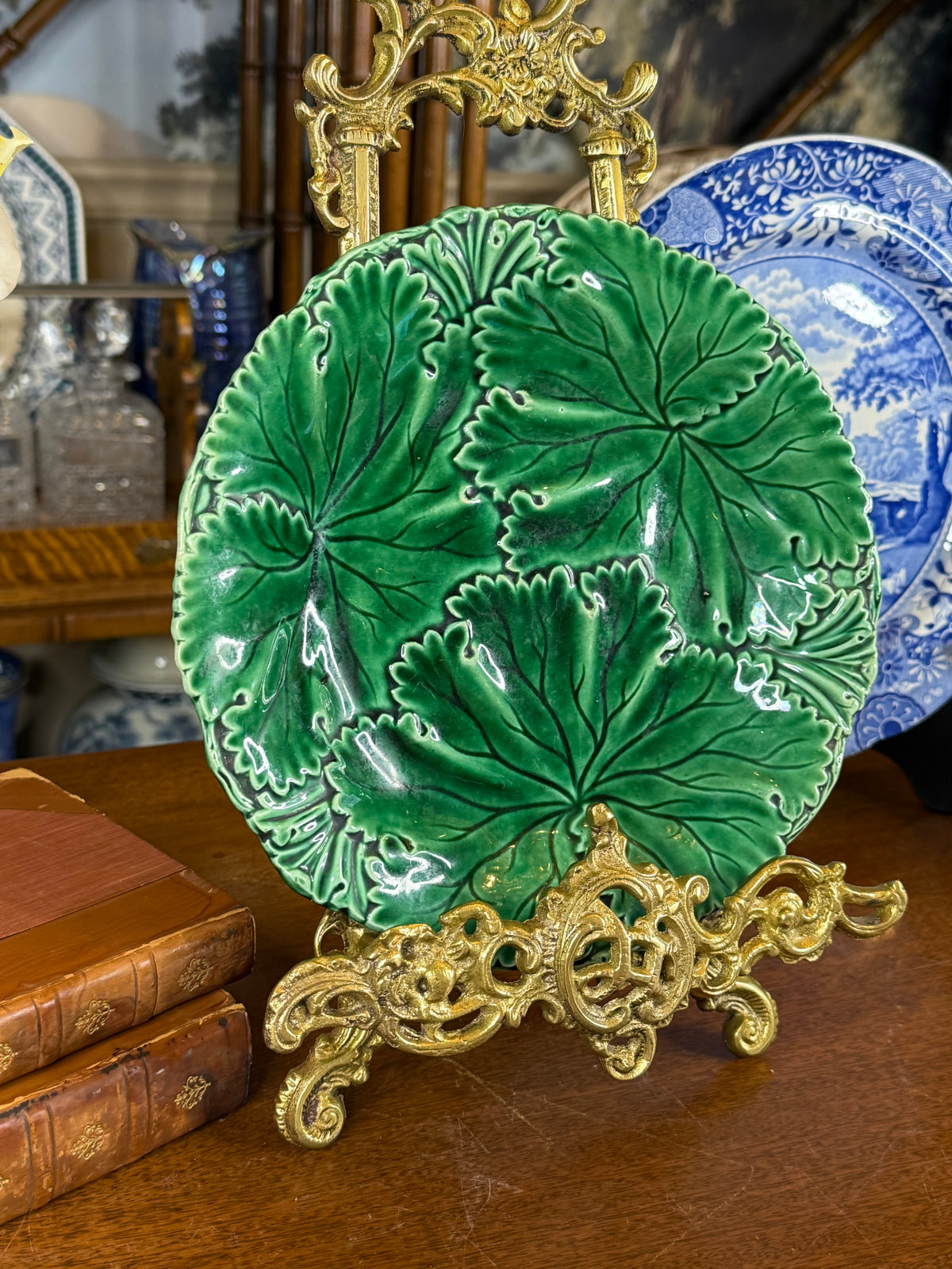 Antique Copeland Green Majolica Leaf Plate, Molded Botanical Design, English, c.1870–1890, 8.5” D | #DA4590