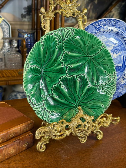 Antique Copeland Green Majolica Leaf Plate, Molded Botanical Design, English, c.1870–1890, 8.5” D | #DA4590