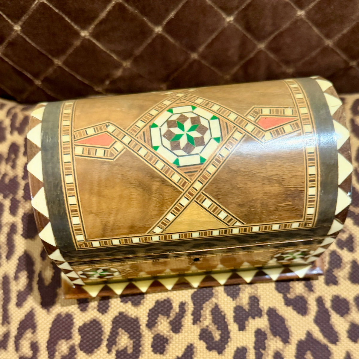 Charming inlaid wood lidded box.