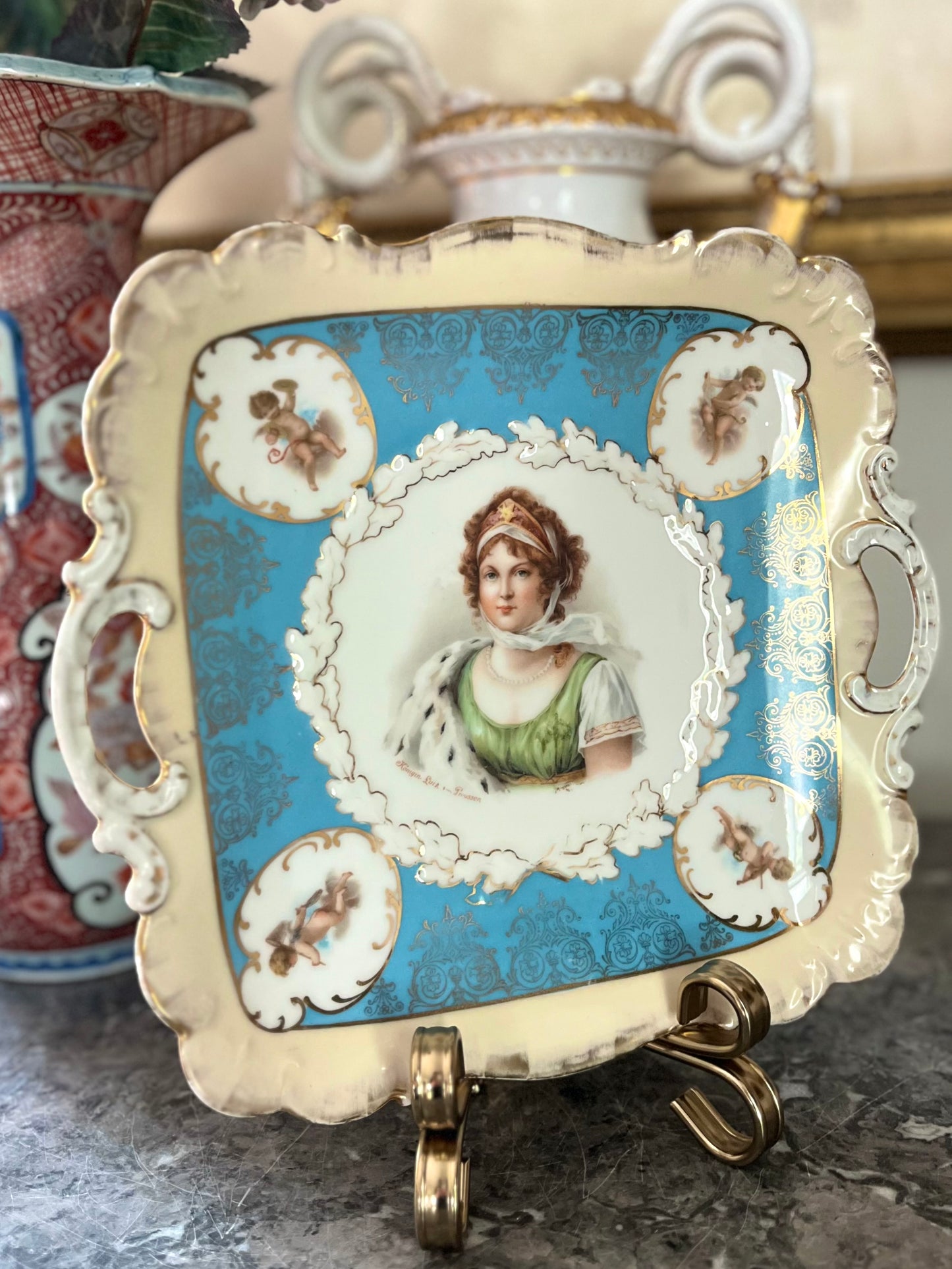 Live 06/29 Antique German Portrait Tray — Queen Louise of Prussia, Celeste Blue & Gilt, Royal Vienna Style c. 1900 - Cherub Reserves