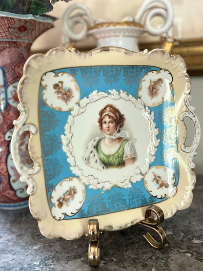 Live 06/29 Antique German Portrait Tray — Queen Louise of Prussia, Celeste Blue & Gilt, Royal Vienna Style c. 1900 - Cherub Reserves