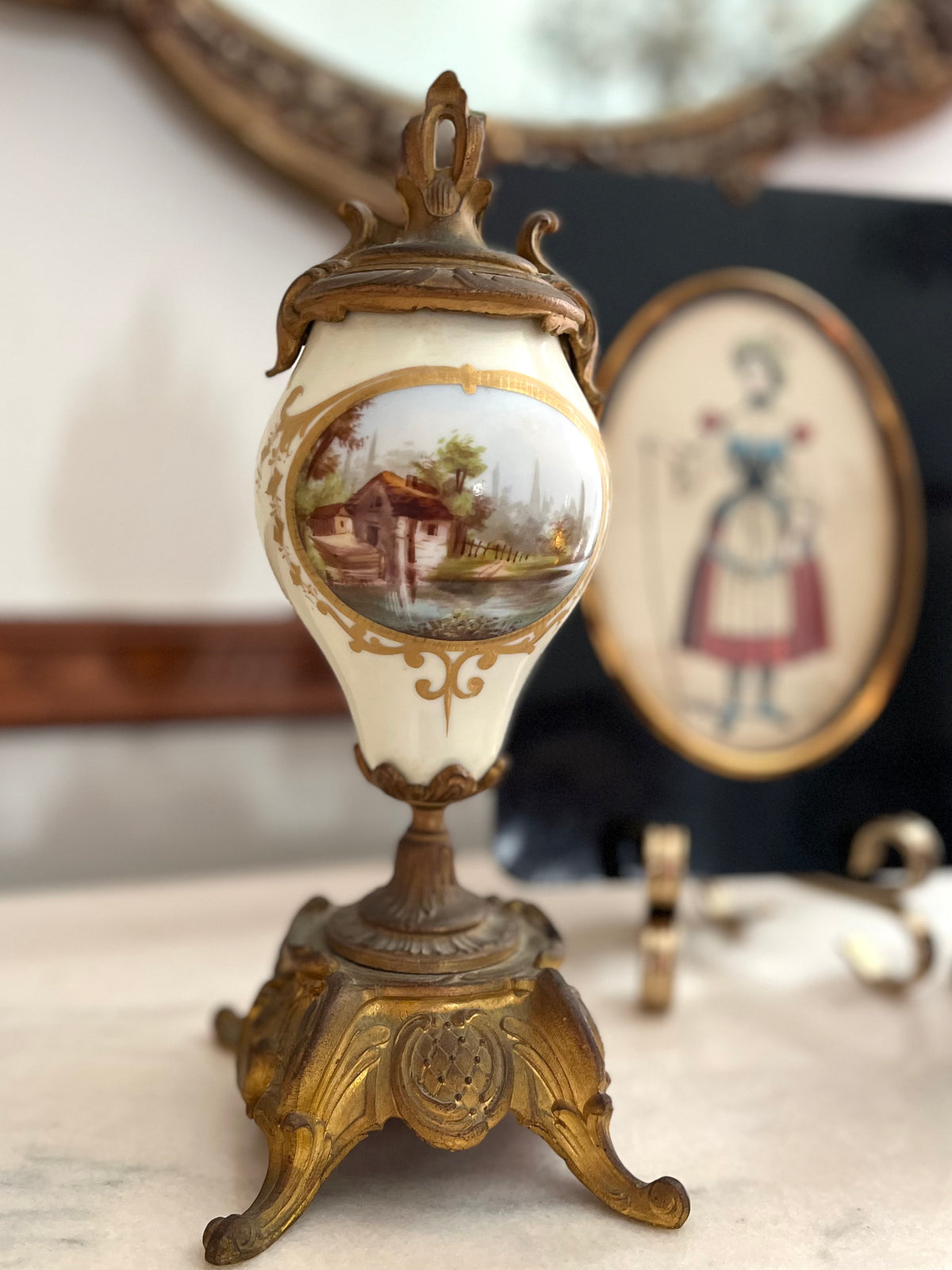 Pair of French Hand-Painted Pastoral Porcelain & Bronze Garniture Urns
