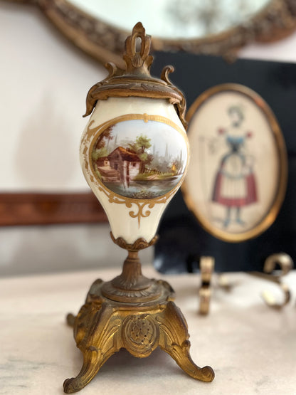 Pair of French Hand-Painted Pastoral Porcelain & Bronze Garniture Urns