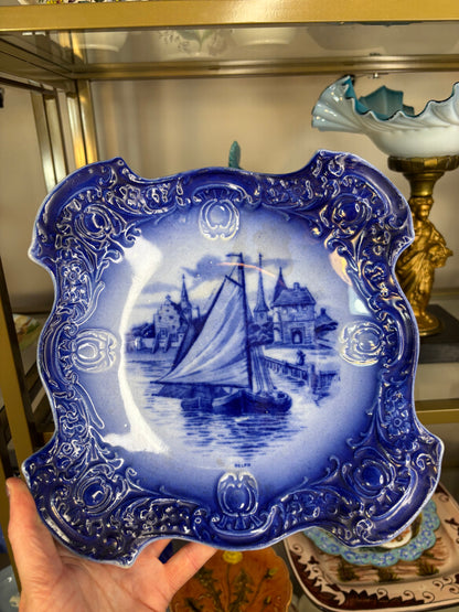 Gorgeous antique flow blue ship platter!