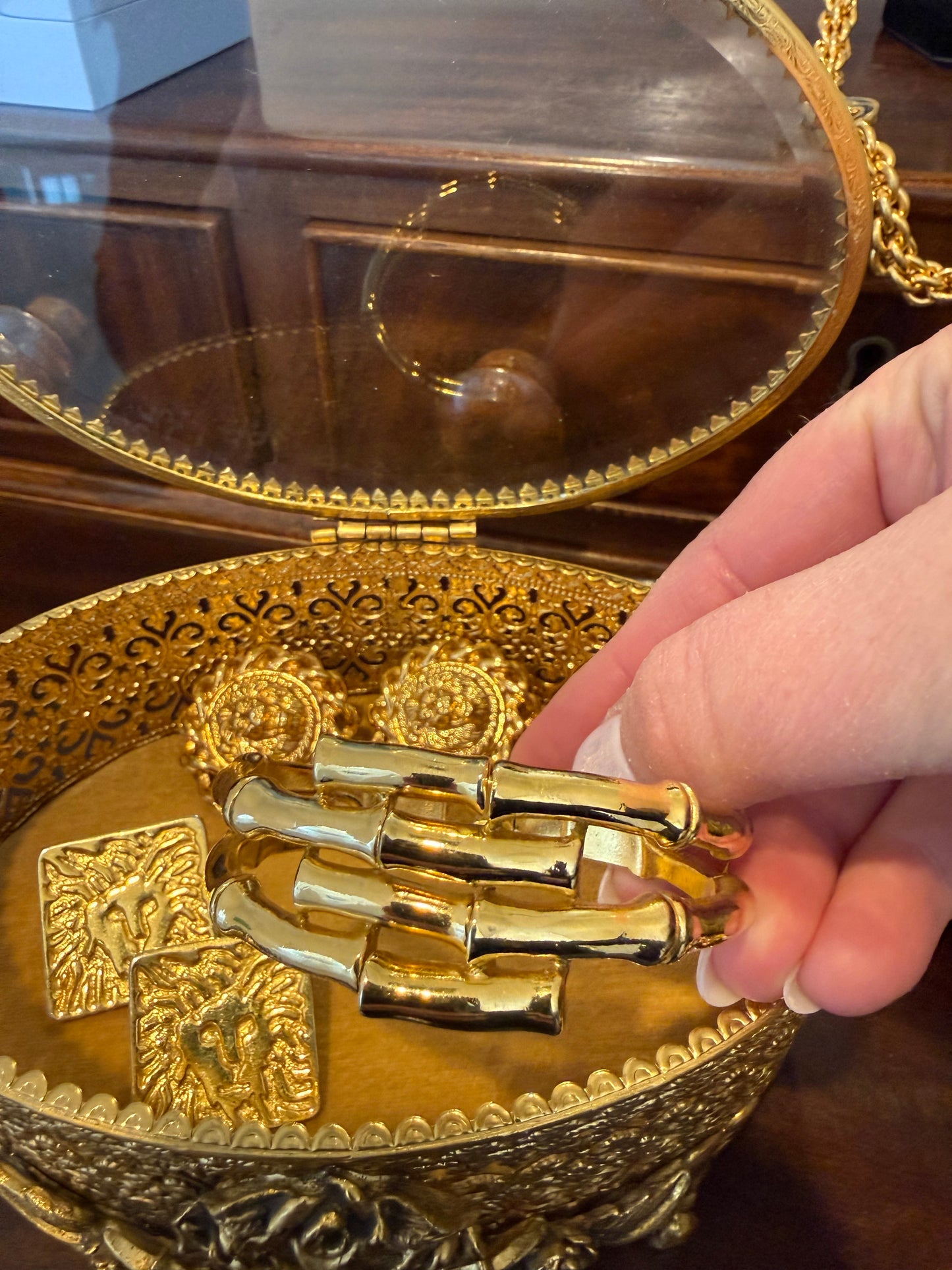 Vintage Crown Trifari 6.5” Gold Plated Bamboo Hinged Bangle Bracelet