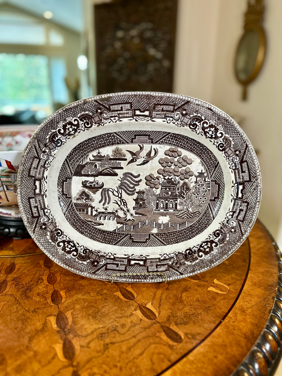 Antique 19th Century Brown Transferware Willow Platter, 15.5”