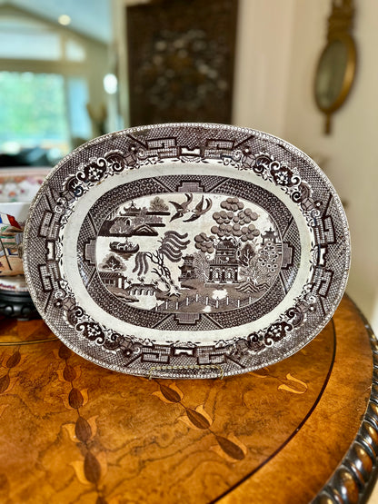 Antique 19th Century Brown Transferware Willow Platter, 15.5”