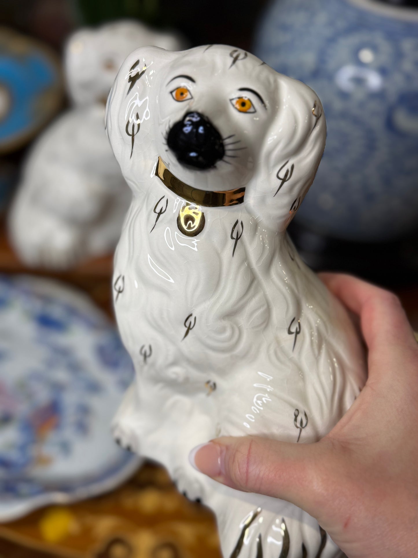 Pair of Beswick England Spaniel Figures | White Glaze with Gilt Collars | 8”
