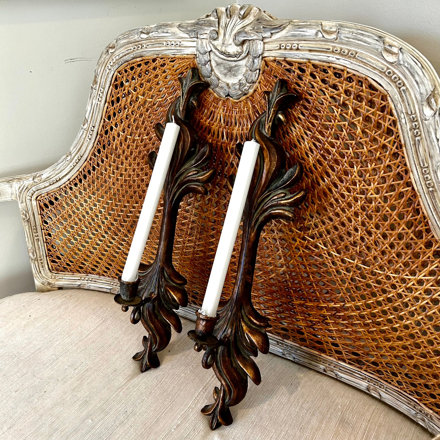 Vintage Statuesque Hollywood regency Carved Wood Baroque Flame wall Sconces.
