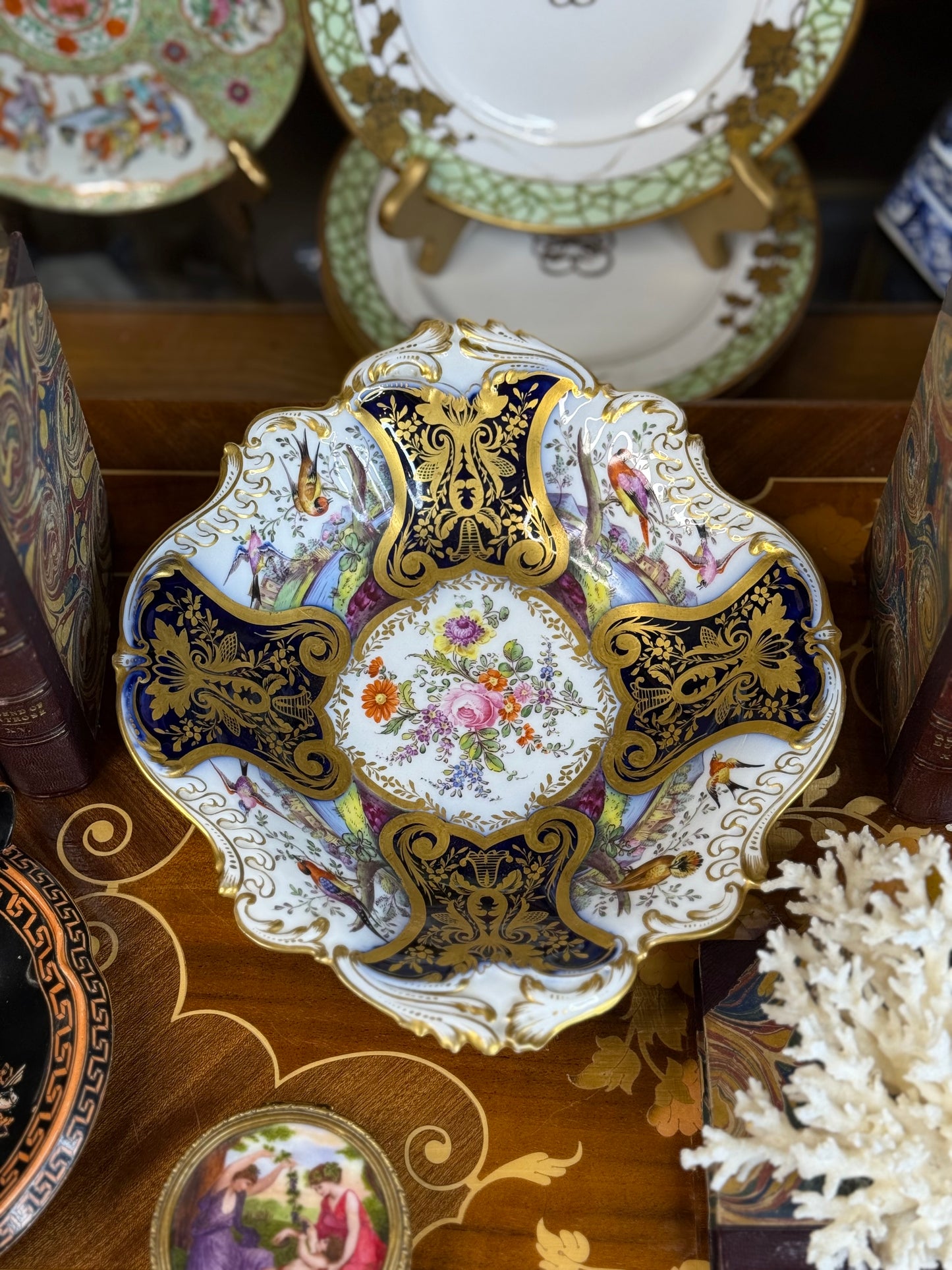 Old Paris (Samson) “Chelsea Bird” Porcelain Bowl – Hand Painted with Cobalt & Raised Gilt, 19th Century, 10 3/4x9.5”