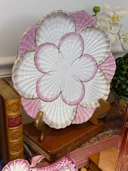 Antique German Porcelain Oyster Plate | Pink, White & Gold Radial Shell Arrangement | 10.5” Diameter